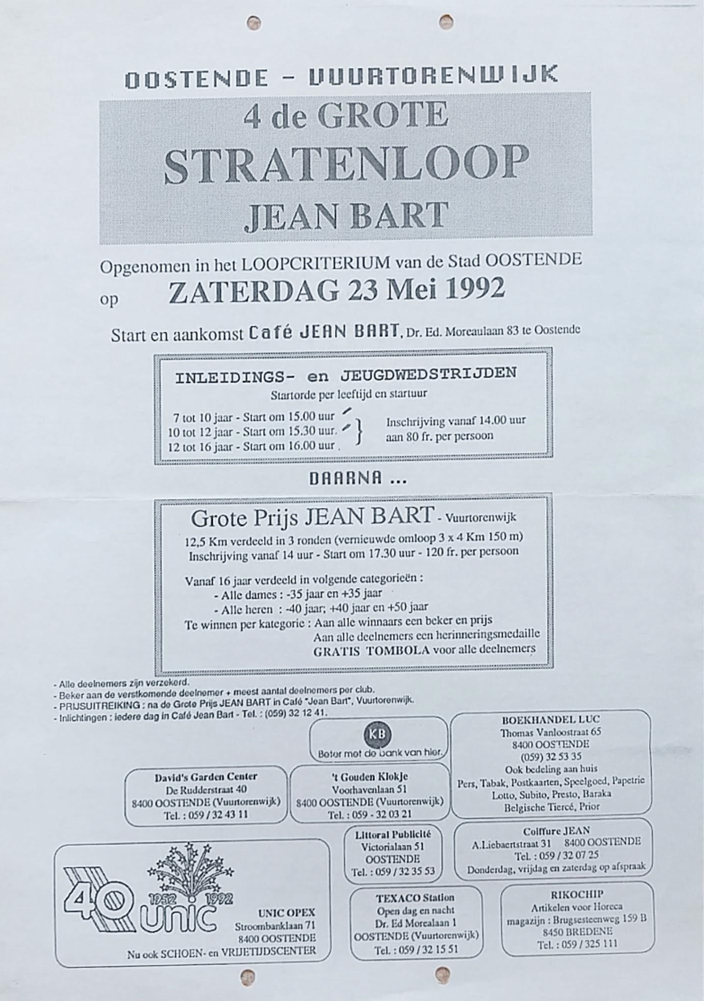 Aankondiging van de stratenloop in 1992